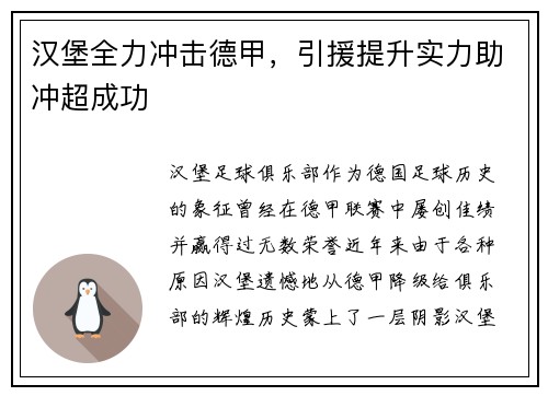 汉堡全力冲击德甲，引援提升实力助冲超成功