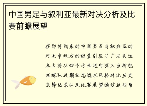 中国男足与叙利亚最新对决分析及比赛前瞻展望