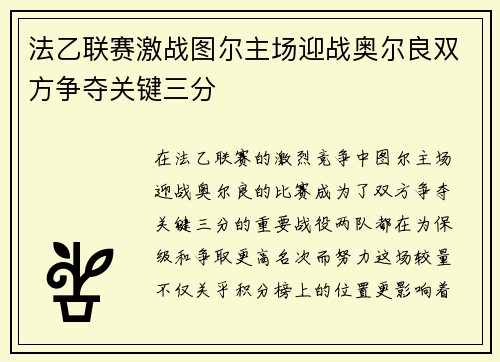 法乙联赛激战图尔主场迎战奥尔良双方争夺关键三分
