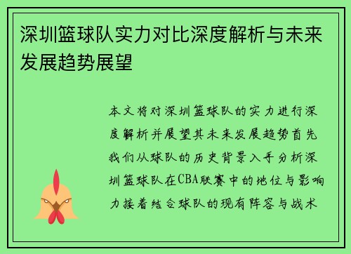 深圳篮球队实力对比深度解析与未来发展趋势展望