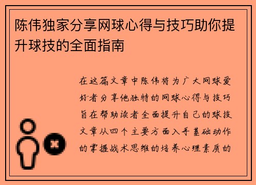 陈伟独家分享网球心得与技巧助你提升球技的全面指南